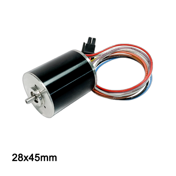 Side view of 28mm diameter compact 24V ventilator blower motor showing precision metallic housing.